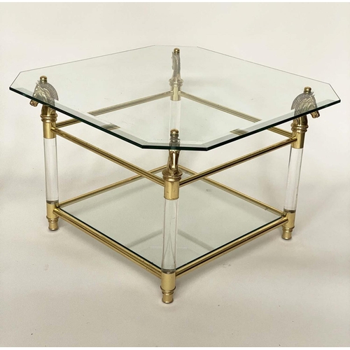 349 - MAISON CHARLES STYLE SIDE TABLES, a pair,  glass, lucite and gilt each with undertier, 70cm sq. x 44... 