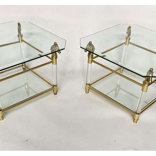 349 - MAISON CHARLES STYLE SIDE TABLES, a pair,  glass, lucite and gilt each with undertier, 70cm sq. x 44... 