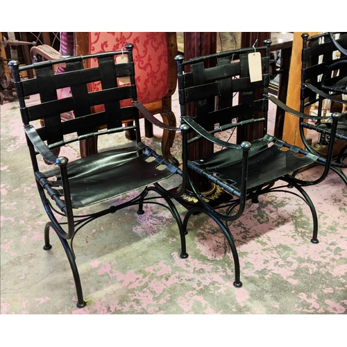 167 - ELBOW CHAIRS, four, each 55cm W x 94cm H, leather strap work on metal frames. (4)