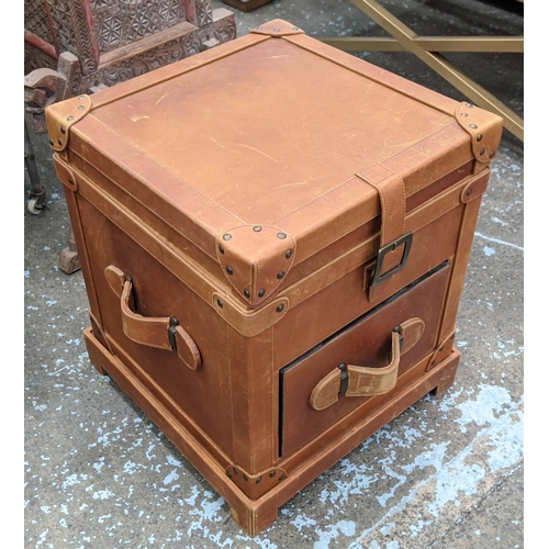 317 - SIDE CHEST, 49cm x 49cm x 56cm, campaign style leathered design, lift up top and one drawer.