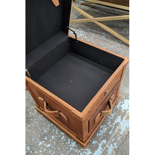 317 - SIDE CHEST, 49cm x 49cm x 56cm, campaign style leathered design, lift up top and one drawer.