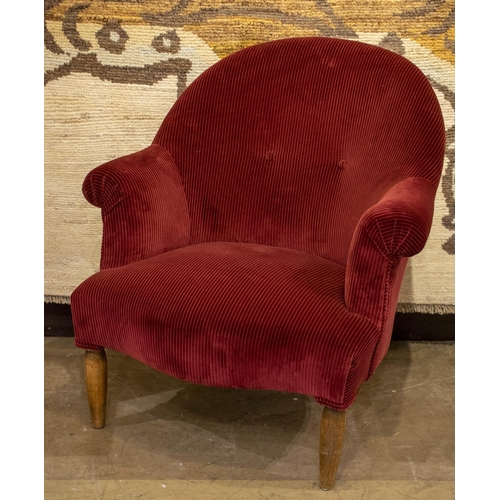 118 - BERGERE, 81cm H x 78cm, beechwood and dark red corduroy.