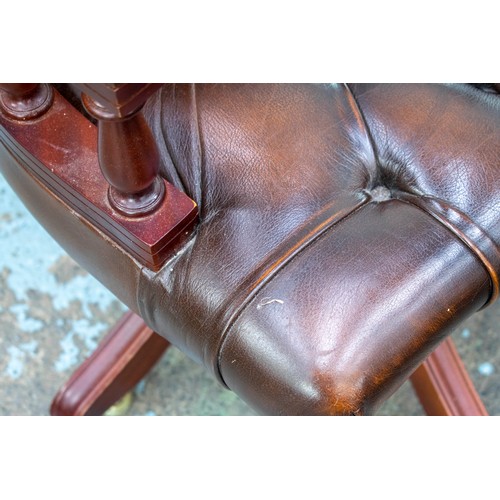 120 - DESK CHAIR, 91cm H x 65cm, brown leather with swivel seat.