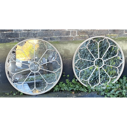 356 - ARCHITECTURAL GARDEN MIRRORS, a pair, 80cm diam., Regency style, white painted aged metal frames. (2... 