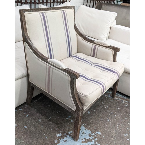 324 - ARMCHAIR AND STOOL, 83cm W, French style linen upholstered. (2)