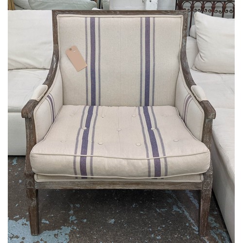 324 - ARMCHAIR AND STOOL, 83cm W, French style linen upholstered. (2)