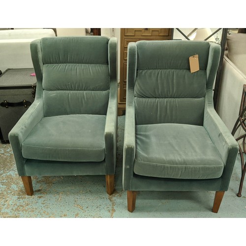 329 - ARMCHAIRS, a pair, mid century Danish style design, 85cm x 65cm x 96cm, blue velvet upholstered. (2)