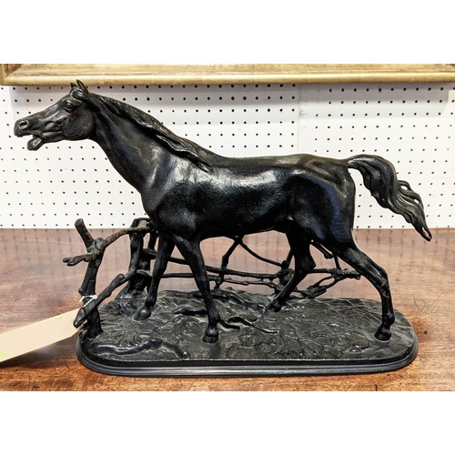 20 - FIGURE OF A MARE, surrounded by a fence, bronzed finish, plinth, no. 1973 to base, 28cn H x 38cm W x... 