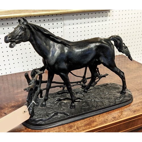 20 - FIGURE OF A MARE, surrounded by a fence, bronzed finish, plinth, no. 1973 to base, 28cn H x 38cm W x... 