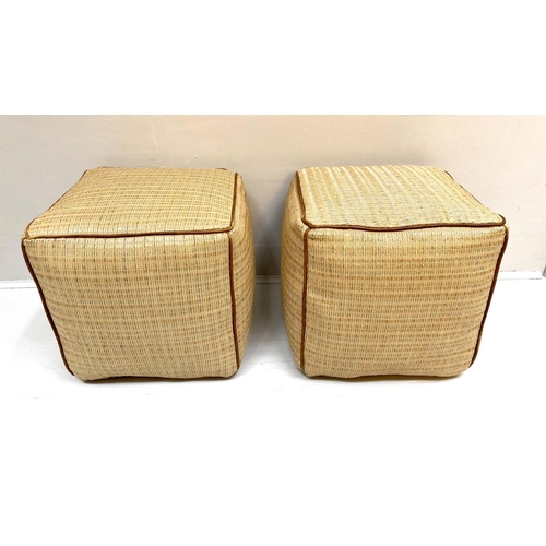 416 - POUFFES, a pair, of cube form, 42cm high, tick woven fabric upholstered. (2)