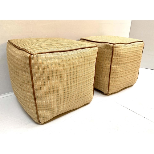 416 - POUFFES, a pair, of cube form, 42cm high, tick woven fabric upholstered. (2)