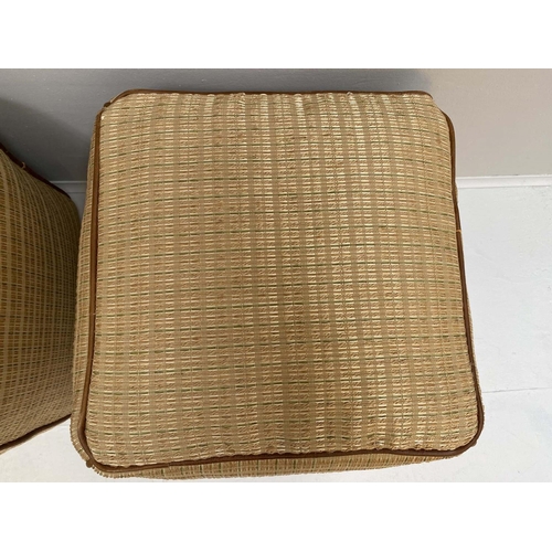 416 - POUFFES, a pair, of cube form, 42cm high, tick woven fabric upholstered. (2)