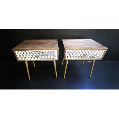 418 - SIDE TABLES, a pair, 51cm high, 45cm wide, 34cm deep, 1960's Danish style, inlaid geometric decorati... 