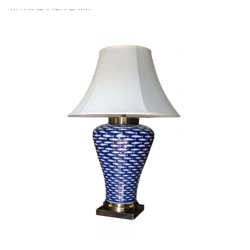 420 - TABLE LAMP, 78cm H x 50cm diam., blue and white fish design ceramic, with shade.