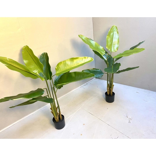 428 - FAUX STELIZIA PLANTS, a pair, each measuring 120cm high, in black planters. (2)