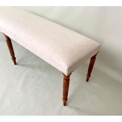 430 - HALL SEAT, neutral linen upholstery, turned supports, 49cm x 151cm x 41cm.