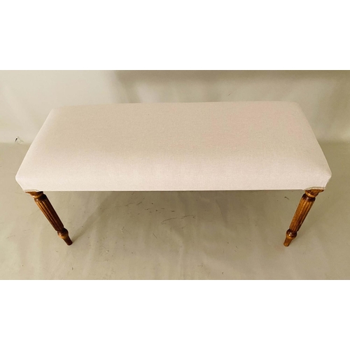 431 - WINDOW SEAT, neutral linen upholstery, turned supports, 40cm  x 97cm x 40cm.