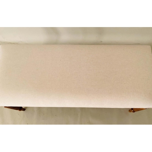 431 - WINDOW SEAT, neutral linen upholstery, turned supports, 40cm  x 97cm x 40cm.