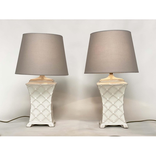 72 - TABLE LAMPS, a pair, white ceramic bamboo style basket work with curved sides and shades, 70cm H. (2... 