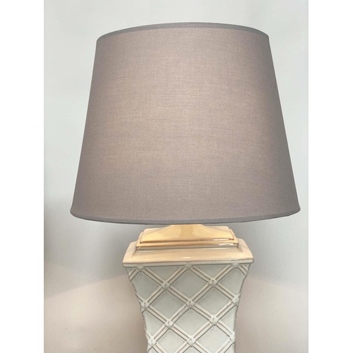 72 - TABLE LAMPS, a pair, white ceramic bamboo style basket work with curved sides and shades, 70cm H. (2... 