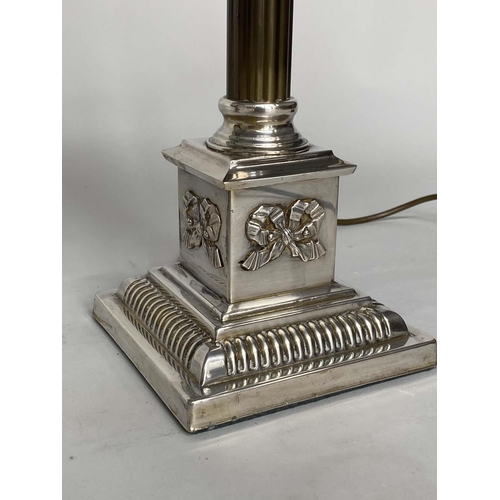 78 - COLUMN LAMPS, a pair, Neo Classical form silvered metal mounted with Corinthian capped columns and s... 