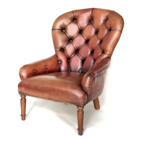 81 - LIBRARY CHAIR, Georgian style buttoned faded brown leather with turned front support, 67cm W.