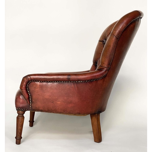 81 - LIBRARY CHAIR, Georgian style buttoned faded brown leather with turned front support, 67cm W.