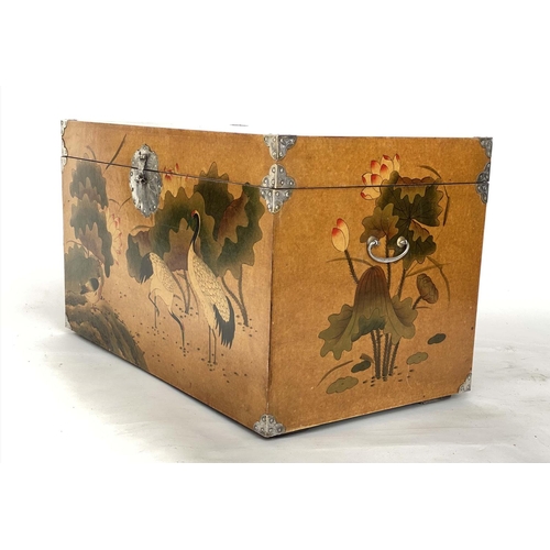 85 - TRUNK, Chinese sienna lacquered with painted cranes and silvered metal mounts, 80cm W x 40cm D x 40c... 