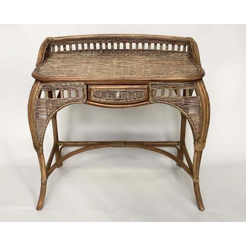 86 - BAMBOO WRITING TABLE, vintage rattan framed with arched woven panels, cane bound and with short frie... 