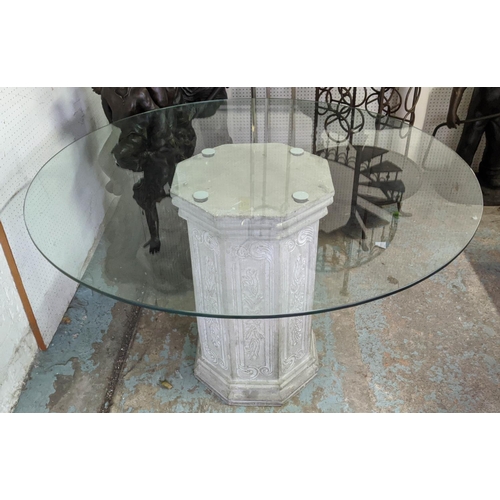 354 - DINING TABLE, composite stone column base, glass top, 124cm x 78cm H.