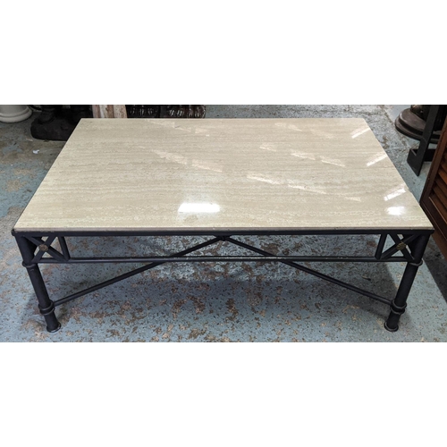 355 - COCKTAIL TABLE, 111cm x 71cm x 42cm, travertine top, black painted metal base.