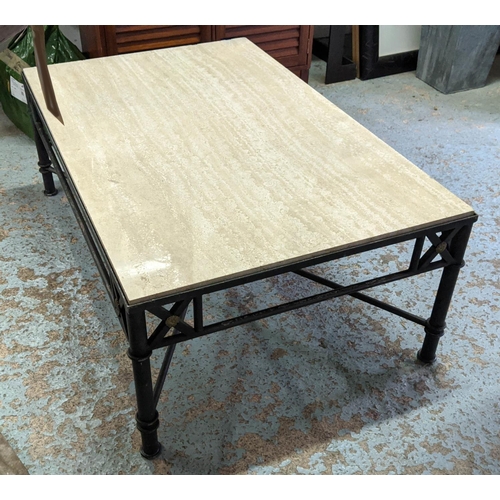 355 - COCKTAIL TABLE, 111cm x 71cm x 42cm, travertine top, black painted metal base.