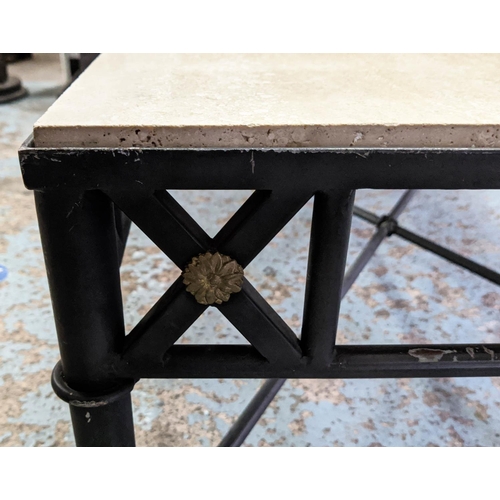 355 - COCKTAIL TABLE, 111cm x 71cm x 42cm, travertine top, black painted metal base.