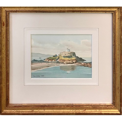PAUL KILLICK, 'Guernsey view with martello tower', watercolour, 12cm x 17cm, framed and two others.