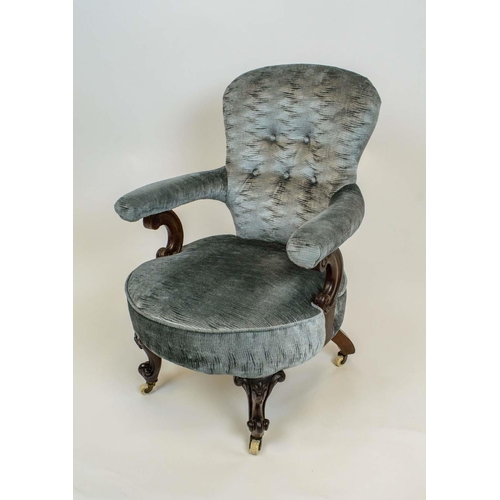 112 - BEDROOM CHAIR, Victorian buttoned back in shimmering blue upholstery on carved cabriole legs with br... 