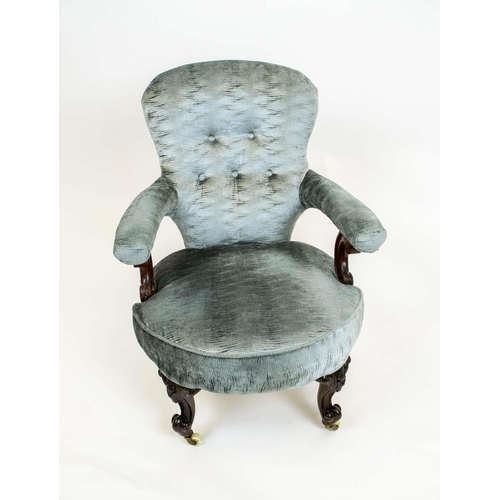 112 - BEDROOM CHAIR, Victorian buttoned back in shimmering blue upholstery on carved cabriole legs with br... 