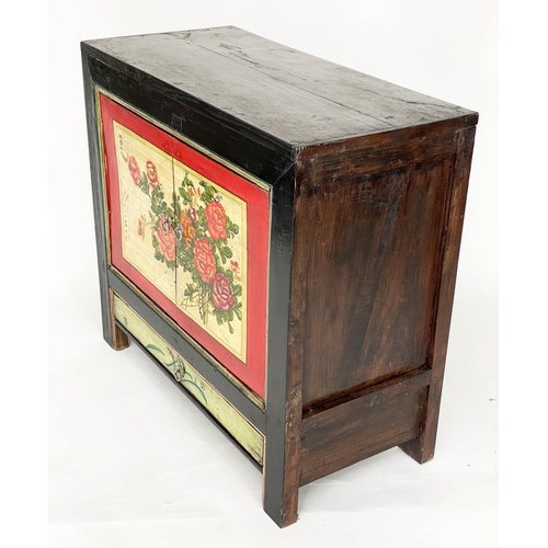 103 - SIDE CABINET, Chinese black lacquered, silvered mounts and Chinoiserie floral decorated with two doo... 