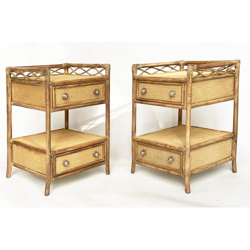 105 - LAMP TABLES, a pair, bamboo framed, wicker panelled and cane bound each with two drawers and gallery... 