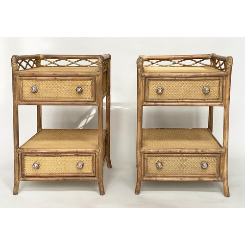 105 - LAMP TABLES, a pair, bamboo framed, wicker panelled and cane bound each with two drawers and gallery... 