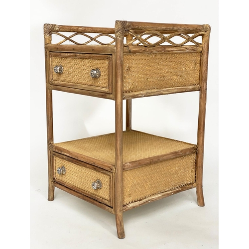 105 - LAMP TABLES, a pair, bamboo framed, wicker panelled and cane bound each with two drawers and gallery... 