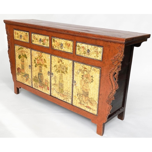 107 - SIDE CABINET/BUFFET, vintage 20th century Chinese, scarlet lacquered, carved sides and Chinoiserie f... 