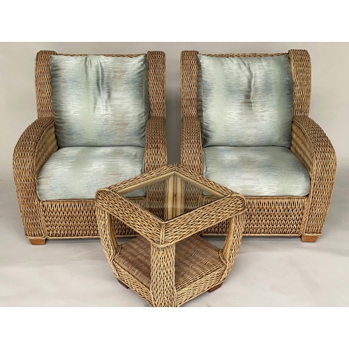 108 - TERRACE SET, Art Deco style woven cane with silk covered cushions and glass topped occasional table,... 