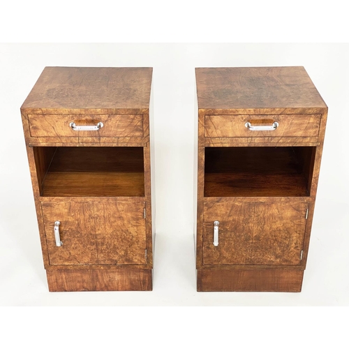 77 - ART DECO CABINETS, a pair, burr walnut and chromium mounted each with drawer and door, 43cm W x 38cm... 