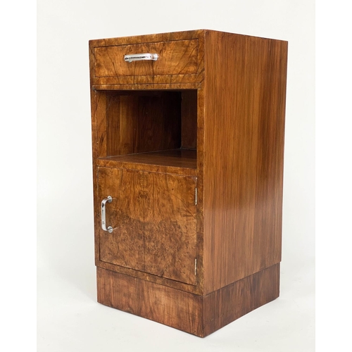 77 - ART DECO CABINETS, a pair, burr walnut and chromium mounted each with drawer and door, 43cm W x 38cm... 