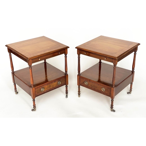 82 - LAMP TABLES, a pair, George III design mahogany and crossbanded each with drawer and undertier, 47cm... 