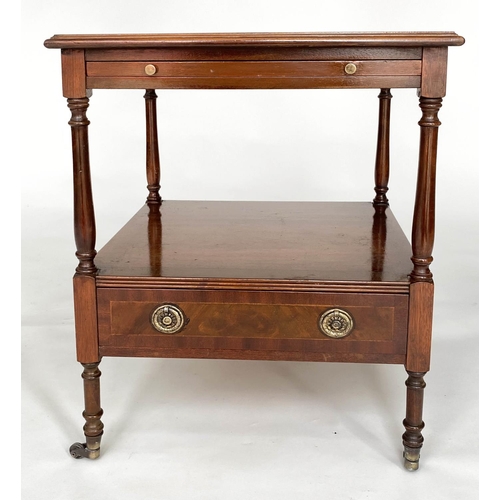 82 - LAMP TABLES, a pair, George III design mahogany and crossbanded each with drawer and undertier, 47cm... 