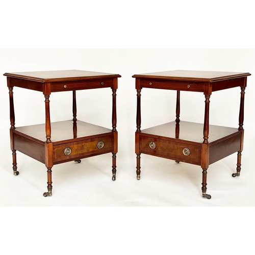 82 - LAMP TABLES, a pair, George III design mahogany and crossbanded each with drawer and undertier, 47cm... 