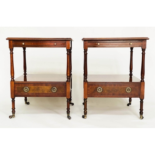 82 - LAMP TABLES, a pair, George III design mahogany and crossbanded each with drawer and undertier, 47cm... 