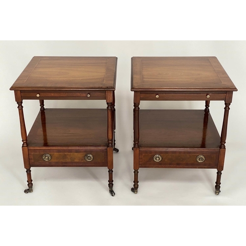 82 - LAMP TABLES, a pair, George III design mahogany and crossbanded each with drawer and undertier, 47cm... 