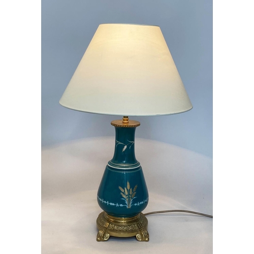 90 - TABLE LAMPS, a pair, Chinese jade green ceramic and gilt of graduated form with gilt metal base, 60c... 